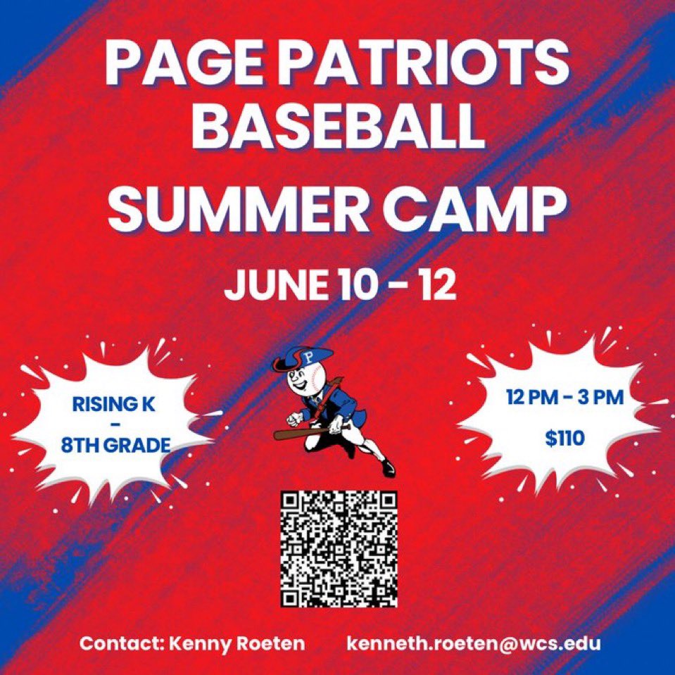 Patriots Homerun Club - Page High Baseball (@pagepatriots_) on Twitter photo 🚨 We are one week away from our summer camp! Limited spots remain. Don’t miss your chance to sign up for some fun with the Page Patriots🚨<a href="/PAGE_baseball/">Patriots Baseball</a> 🚨 We are one week away from our summer camp! Limited spots remain. Don’t miss your chance to sign up for some fun with the Page Patriots🚨<a href="/PAGE_baseball/">Patriots Baseball</a>