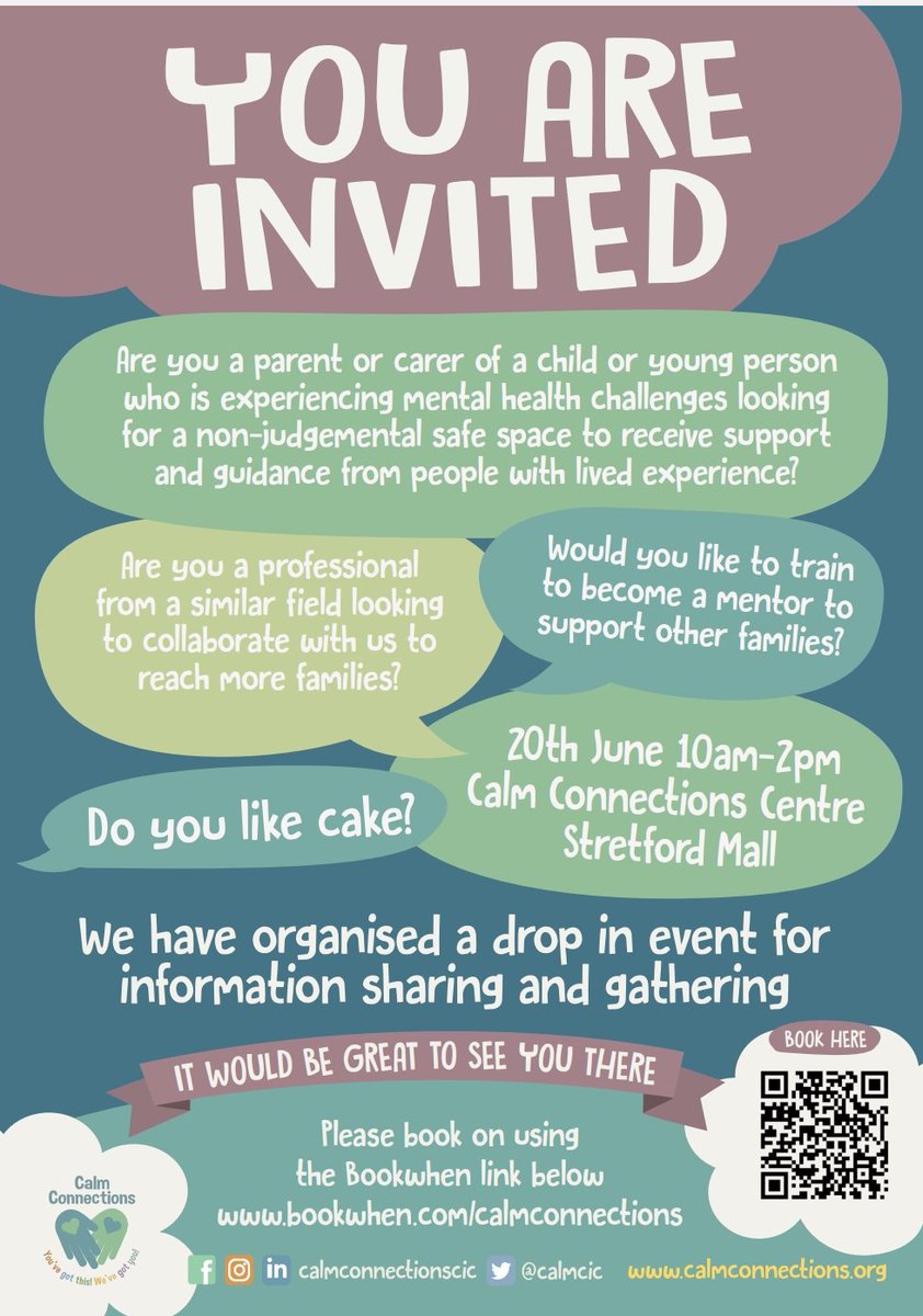 Are you a Parent or Carer of a child or young person with a mental health challenge? 
Join <a href="/calmcic/">calmconnections</a> for coffee, cake, and support. #Trafford #Parents #MentalHealth bookwhen.com/calmconnections