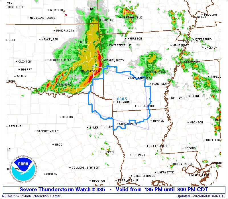 NWSSPC's tweet photo. 1:37pm CDT #SPC_Watch WW 385 SEVERE TSTM AR LA OK TX 031835Z - 040100Z, #arwx #lawx #okwx #txwx, https://t.co/MCDLn8iqvk https://t.co/8629AUjsWb