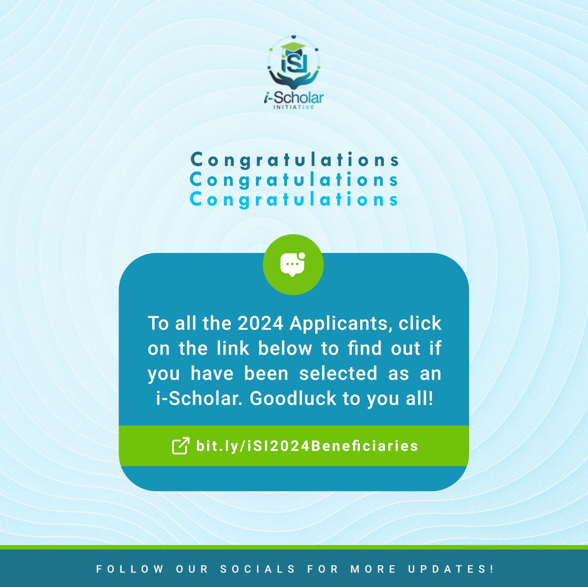 iScholarInitia1's tweet image. Congratulations!!!!! | 2024 i-Scholar Initiative (iSI) Scholarship Awardees Announcement

BREAKING NEWS 🏆 
We are pleased to inform you that you have been #selected as one of the 2024 iSI scholarship #awardees. Who is excited about the news today?