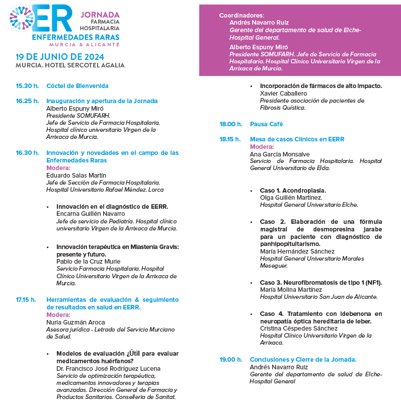 III Jornadas de Farmacia Hospitalaria de Enfermedades Raras. Murcia &amp; Alicante. 
19 de junio a las 16:25 en el hotel Agalia de Murcia
Inscripciones: forms.gle/stLYuWBa7HgLWo…
Con la colaboración de <a href="/SVFH_/">SVFH</a> y patrocinado por <a href="/AlexionPharma/">Alexion</a> 
#EERR <a href="/murciasalud/">Murciasalud</a>