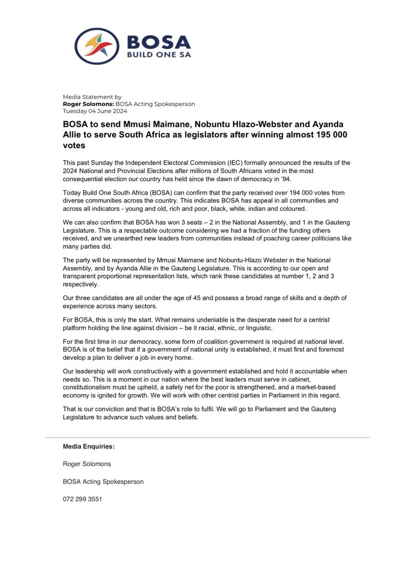 BOSA to send Mmusi Maimane, Nobuntu Hlazo-Webster and Ayanda Allie to serve South Africa as legislators after winning almost 195 000 votes

#BuildOneSA