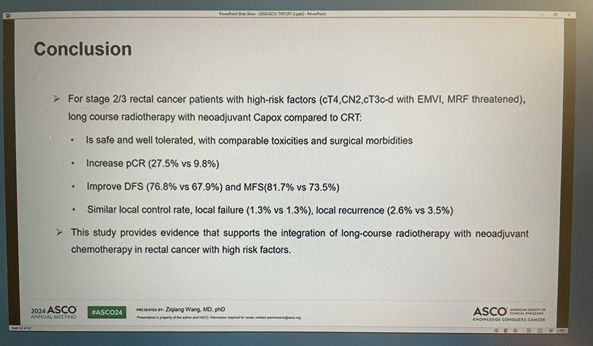 jgong15's tweet photo. Dr. Wang PhIII TNTCRT high-risk StII-III #LARC RCT 1:1 TNT w/long-course RT vs CRT (47-49% T4a) ➡️ pCR rate 27.51 vs 9.84%, absolute benefit 9% in DFS w/TNT over CRT and similar locoregional failure, but no OS difference
#ASCO24 @OncoAlert @manjuggm https://t.co/aLRzp8cUCD