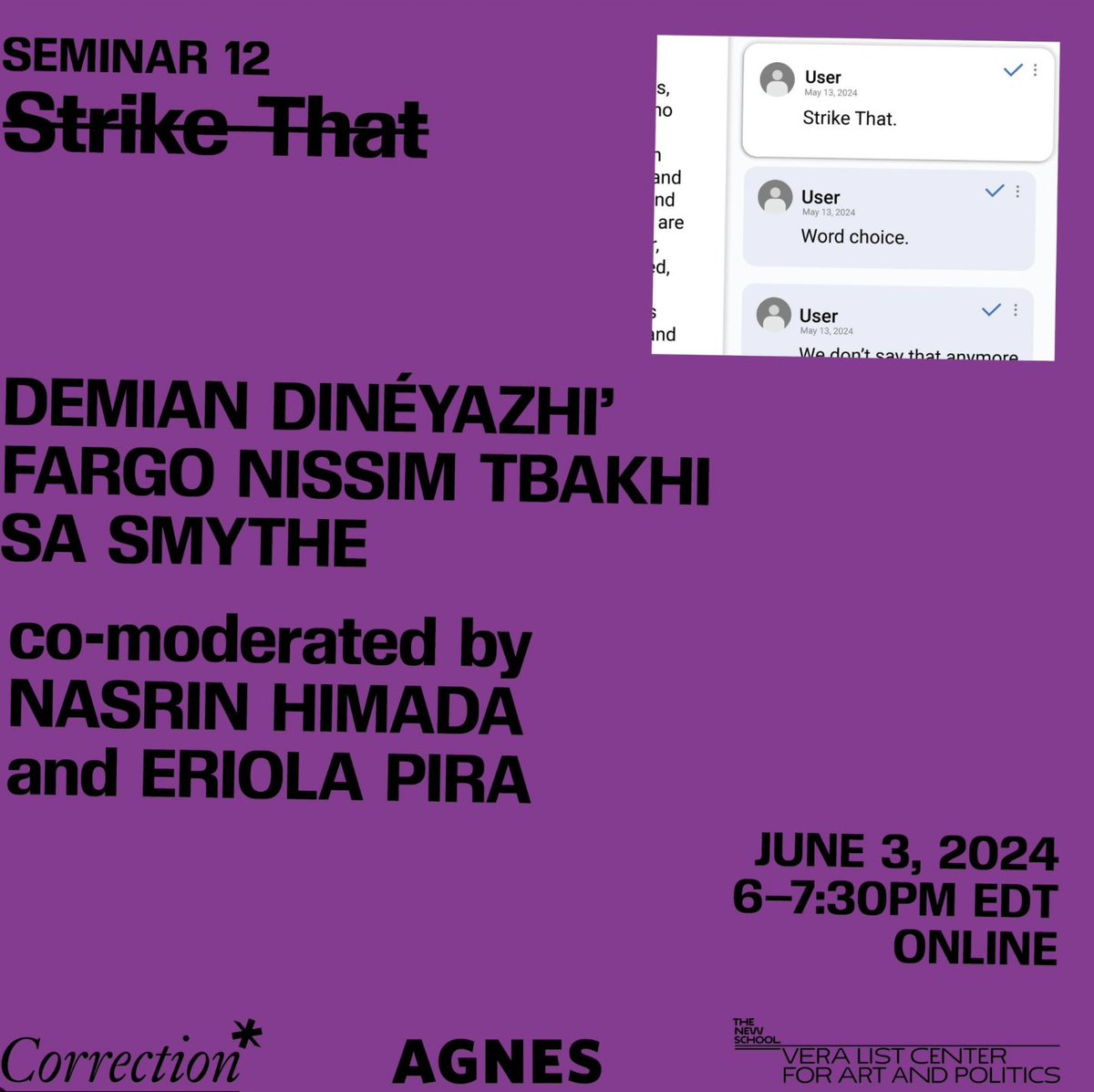 Join us for Vera List Center for Art &amp; Politics' @VeraListCenter final event in the 2yr Correction* Seminar Series, co-presented by <a href="/queensu/">Queen's University</a>’s @aeartcentre, organized &amp; moderated by Agnes associate curator Nasrin Himada + VLC curator Eriola Pira. Register: event.newschool.edu/onlineseminar1…
