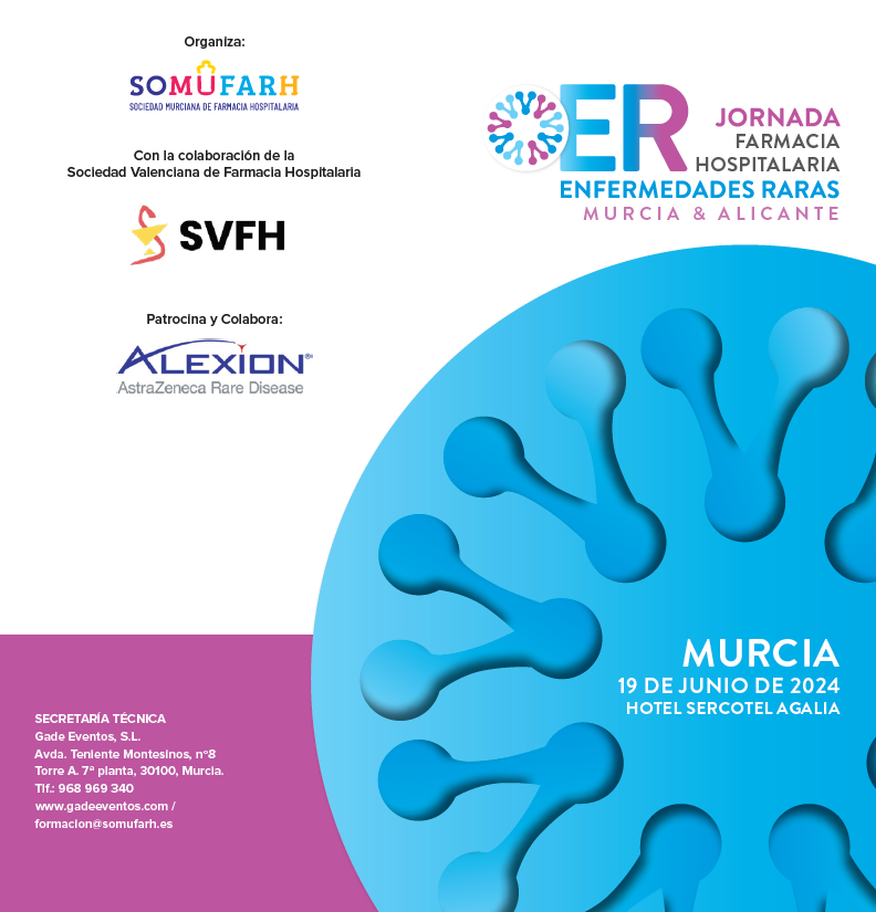 Somufarh's tweet photo. III Jornadas de Farmacia Hospitalaria de Enfermedades Raras. Murcia &amp; Alicante. 
19 de junio a las 16:25 en el hotel Agalia de Murcia
Inscripciones: https://t.co/Pwf0fhuT7Z
Con la colaboración de @SVFH_ y patrocinado por @AlexionPharma 
#EERR @murciasalud https://t.co/Bl0ttewi8w