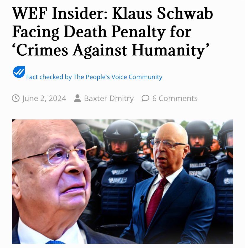 CilComLFC's tweet photo. BREAKING: Klaus Schwab is facing the Death Penalty for ‘Crimes Against Humanity’ as preparations are underway in The Hague for Nuremberg 2.0, according to an ICC insider — with Benjamin Netanyahu merely the first in a long line.

Let’s hope the Globalists finally face justice! 🙏 https://t.co/WVao3CLn7e