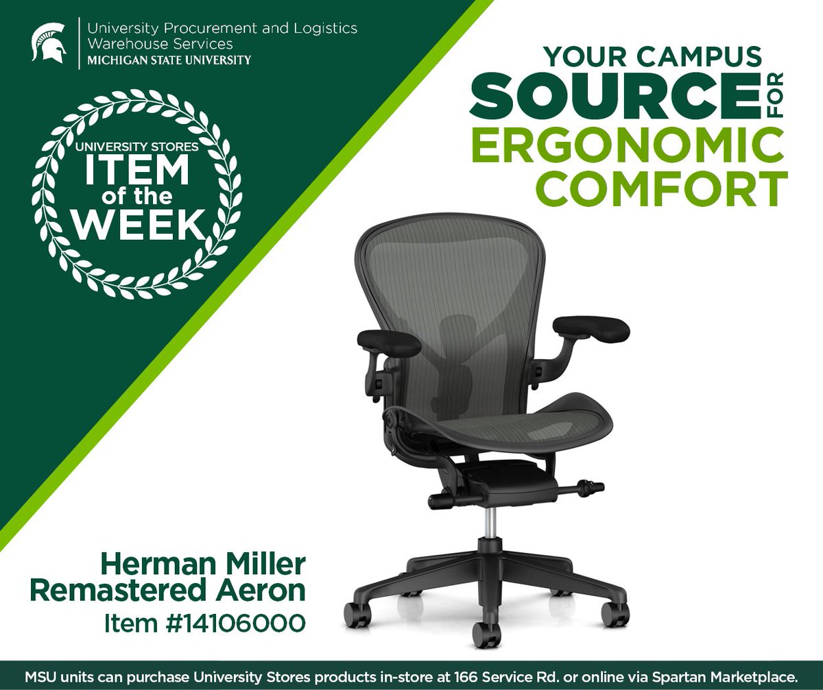 If you're in need of new office chairs, University Stores is your source for ergonomic comfort. 

MSU units can order the Herman Miller Remastered Aeron chair in person at 166 Service Rd. or online via Spartan Marketplace.

#UPL #MichiganState