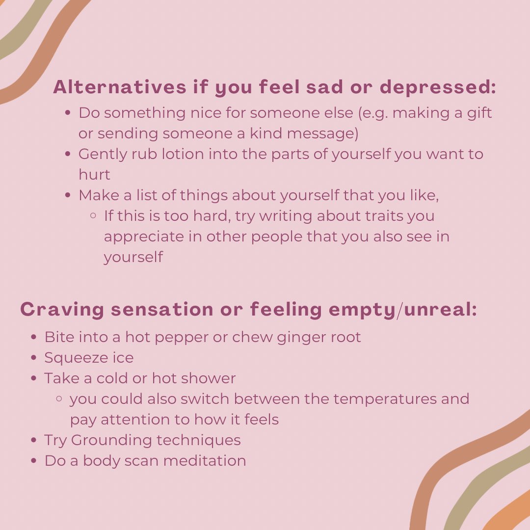 CrisisCXNs's tweet image. If you are thinking about hurting yourself and need someone to talk to, our many lines and programs are here to support you. You are not alone, and you do not deserve pain.
#SelfHarm #SelfHarmAlternatives #CopingStrategies #NSSI
 
(1/2)