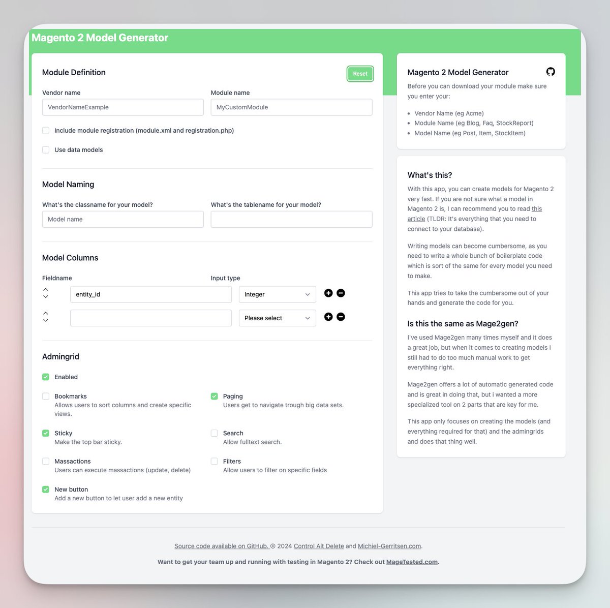 DavidLambauer's tweet image. Need to create a CRUD in #magento2? @mbdgerritsen made model-generator.com ! Model/CRUD generation couldn&apos;t be easier.