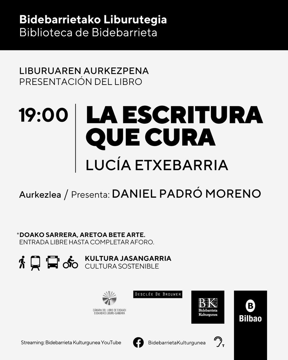BilbaoKultura's tweet photo. 🅱️📚 #LiburuAzoka

📘 Ekainaren 6an, Lucía Etxebarriak “La escritura que cura” aurkeztuko du Daniel Padró Morenorekin batera 🔗 https://t.co/1g1pEBXOaK https://t.co/yYJnFNZWZ5