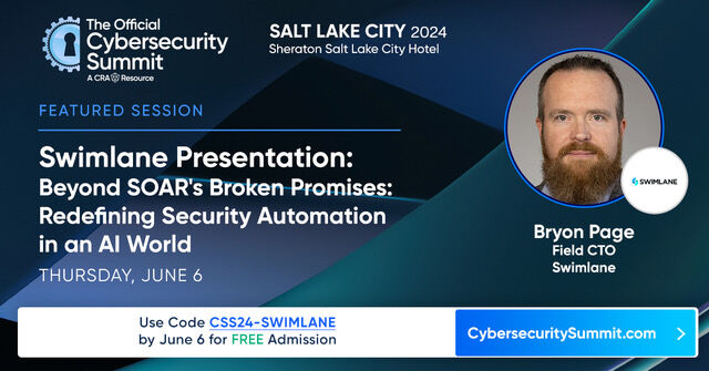 swimlane's tweet photo. Swimlane is excited to be a proud sponsor at the Cybersecurity Summit in Salt Lake City this week! Don’t miss our Field CTO, Bryon Page, discussing AI, security automation, and Swimlane.

https://t.co/gkRfKo8T9y

#OfficialCybersecuritySummit #CSSSaltLakeCity #AI #Automation https://t.co/YIXxlLNo6A