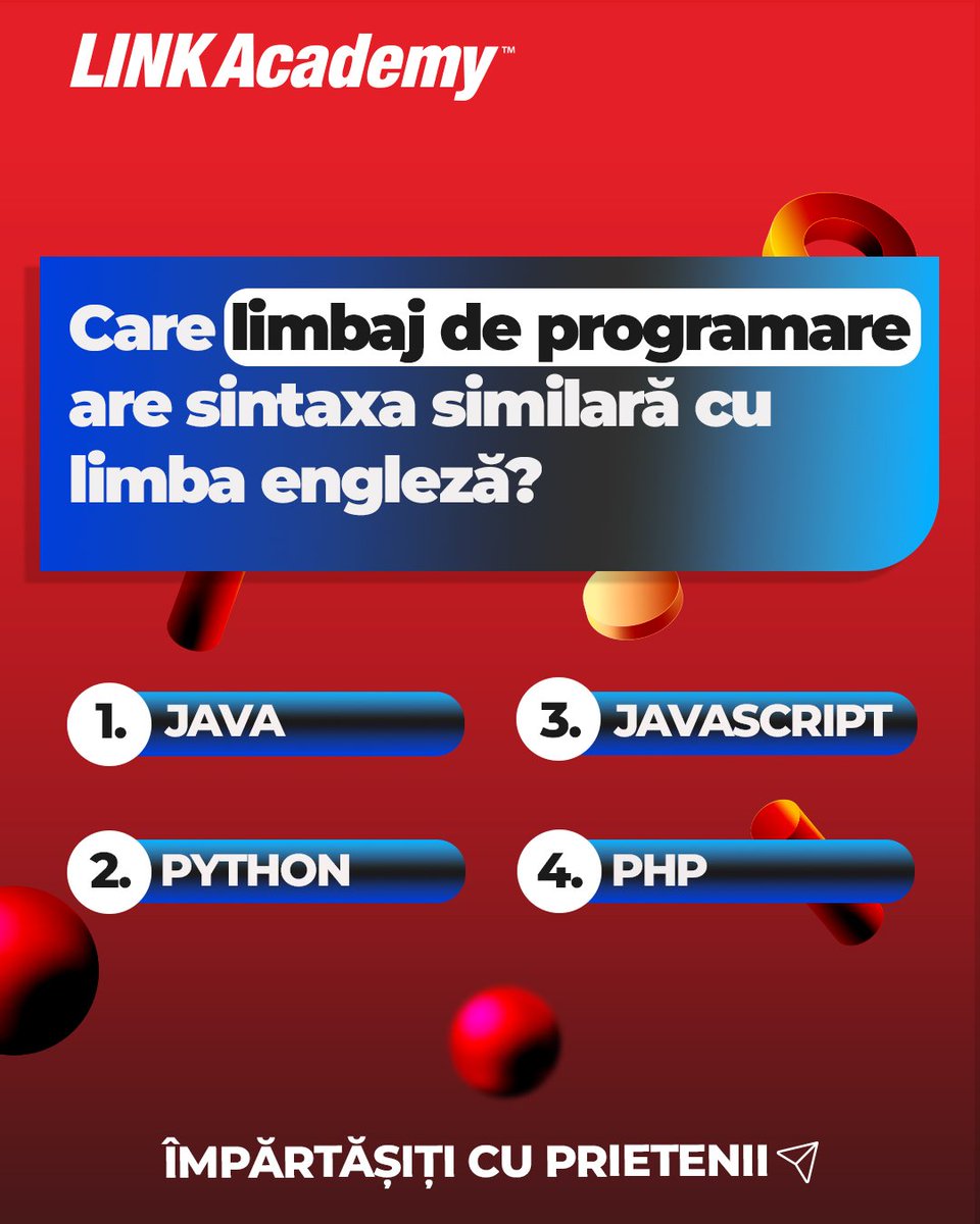 LINK_Academy's tweet image. Care crezi că este răspunsul corect? 😎 Spune-ne în comentarii. ✅

#linkacademy #programming #programare #python #pythondeveloper