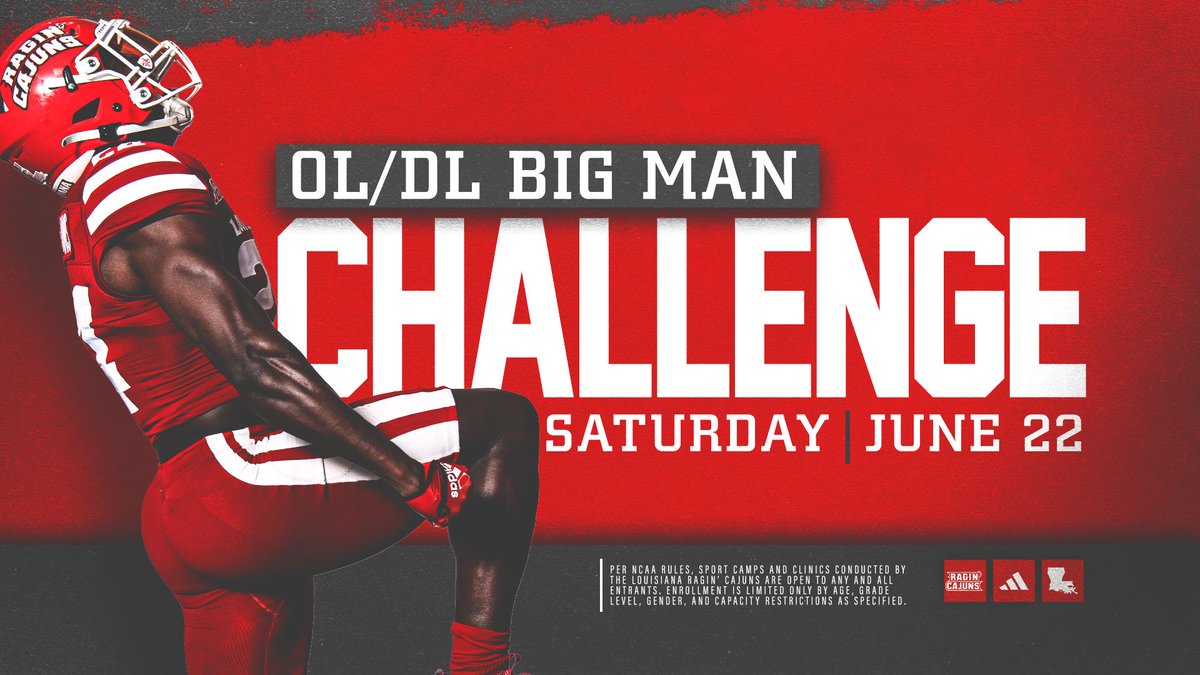 𝗢𝗟/𝗗𝗟 𝗕𝗜𝗚 𝗠𝗔𝗡 𝗖𝗛𝗔𝗟𝗟𝗘𝗡𝗚𝗘 Calling all offensive and defensive linemen! Join the Cajuns for the OL/DL Big Man Challenge on Saturday, June 22! Spots are filling up quickly! Visit ragncaj.co/OLDLChallenge for more information and to register! #GeauxCajuns