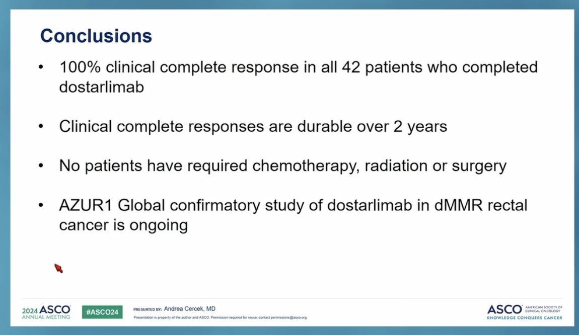 ArndtVogel's tweet photo. Durable complete responses to PD-1 blockade alone in mismatch repair deficient locally advanced rectal cancer #ASCO24
👉100% cCR, no relapse &amp; no additional therapy
👉20 pts with sustained response of 12mo
👉ctDNA as an early marker of response
🧐Just amazing efficacy…
@myESMO https://t.co/yqy54GVAbu