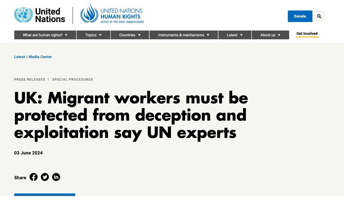 The UN Special Procedures have issued today a press release regarding their communication to the #UnitedKingdom🇬🇧 on allegations of forced labor and trafficking in UK fields, expressing alarm at the systemic exposure of migrant workers in the UK to deceit and exploitation risks.