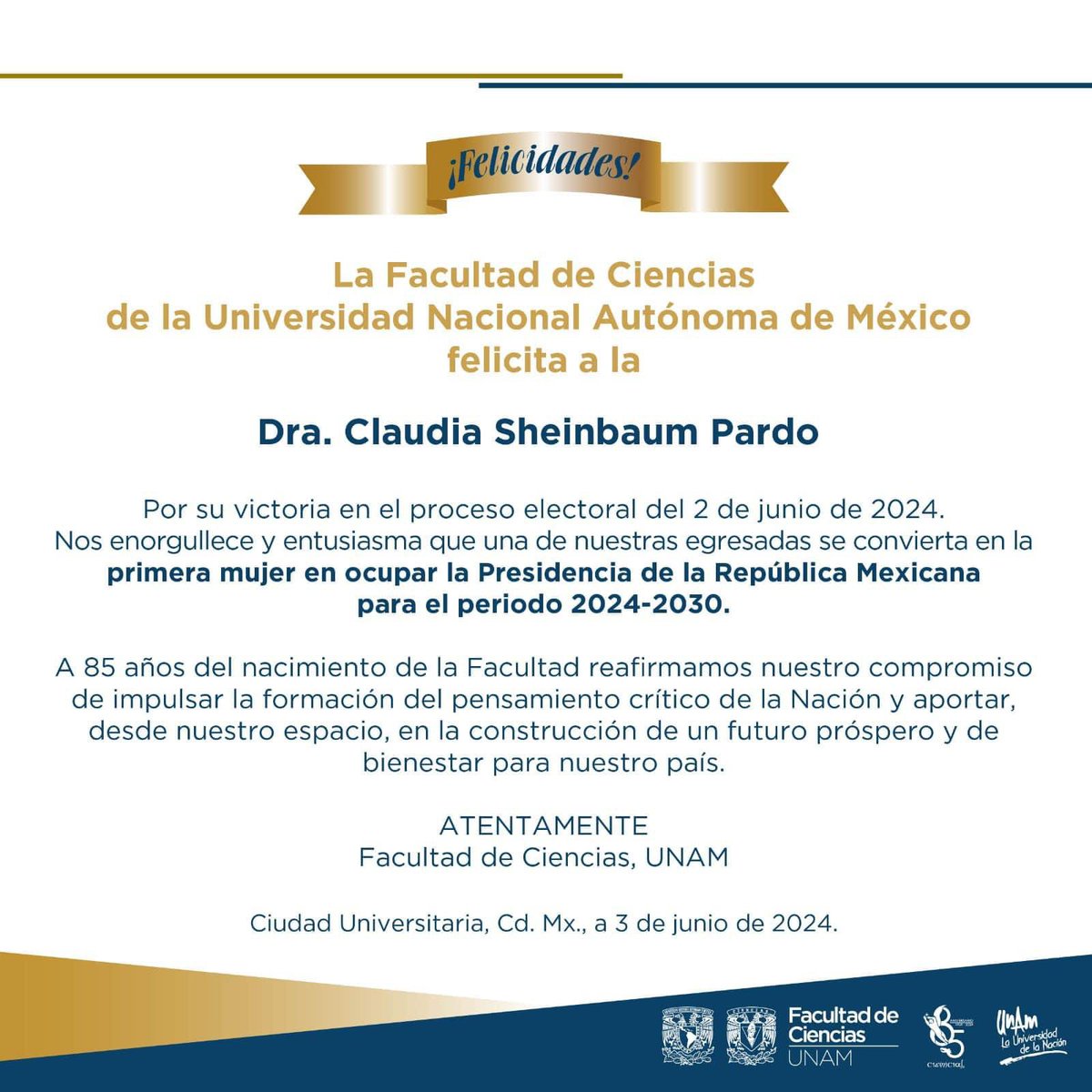 ¡Muchas felicidades a la Dra. Claudia Sheinbaum, orgullosamente egresada de nuestra Facultad!