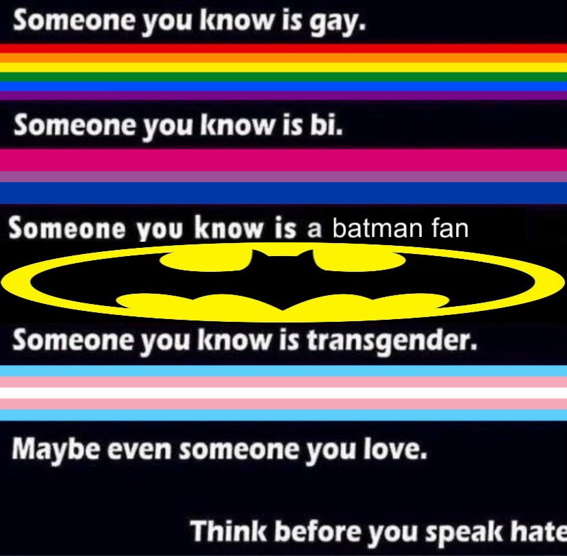 someone you know is gay.
*rainbow flag*
someone you know is bi.
*bisexual flag*
someone you know is a batman fan.
*batman logo*
someone you know is transgender.
*transgender flag*
maybe even someone you love.
think before you speak hate.