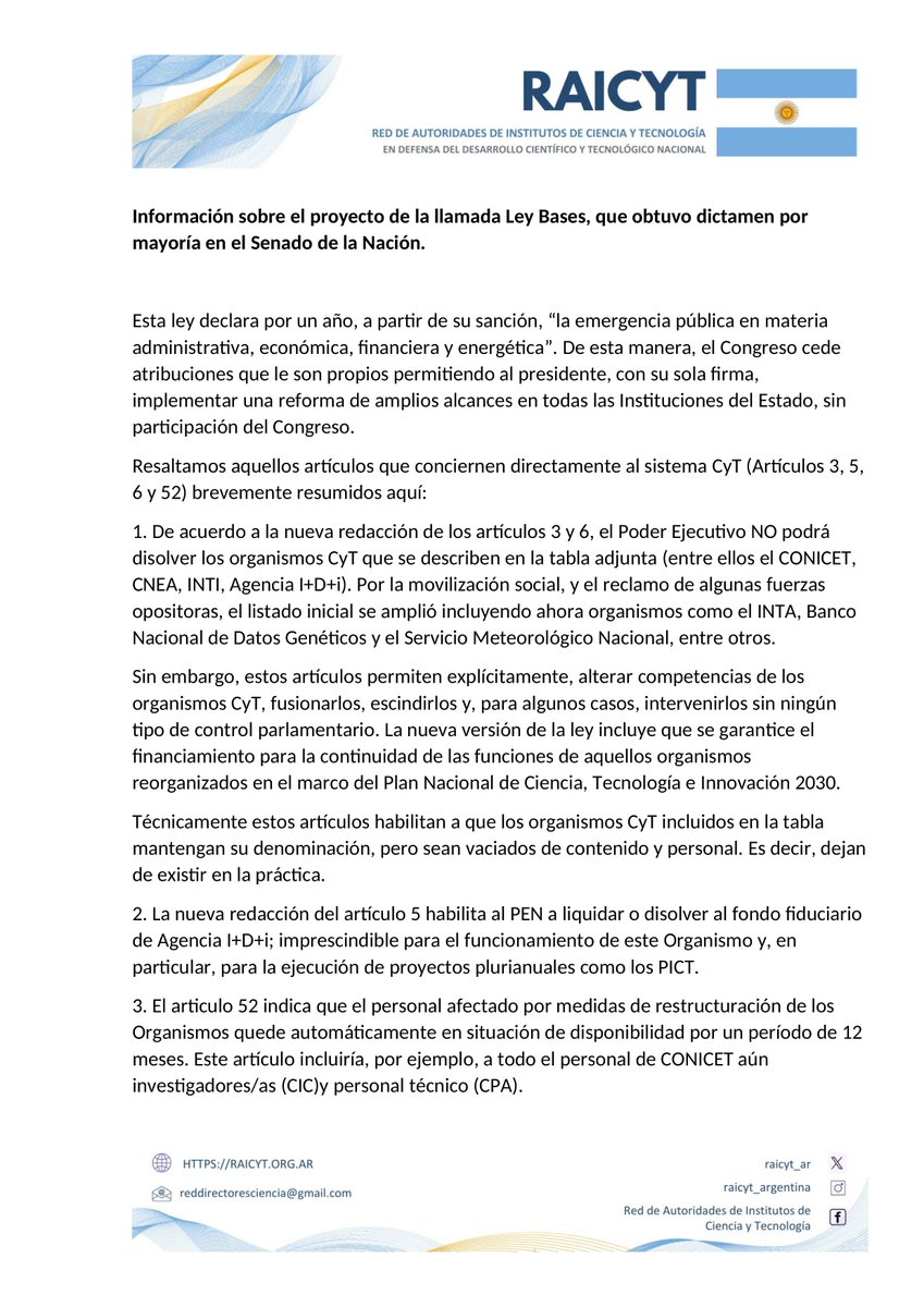 RAICYT_Ar's tweet photo. La nueva versión de la Ley Bases convalida la destrucción de la ciencia argentina.

Los cambios introducidos en @SenadoArgentina  no revierten la situación. 

Compartimos las razones 👇 https://t.co/zhTyIusxB8