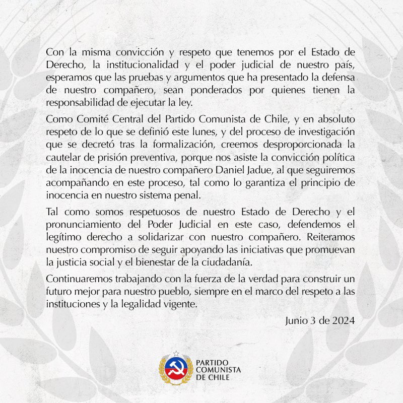 PCdeChile's tweet photo. 🔴 Declaración del Comité Central en apoyo al compañero Daniel Jadue. https://t.co/2aVdF1zraP