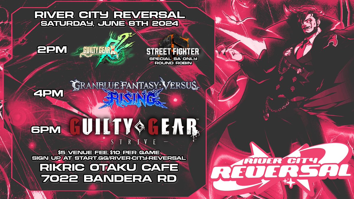Monday reminder: Reversal is this weekend!

Mains:
Guilty Gear Xrd Rev2, Granblue Fantasy Versus Rising, Guilty Gear Strive

Side event: A special SA only SF6 round robin capped at 20 entrants, first come first serve sign-ups at 1:45pm

Register:
start.gg/tournament/riv…