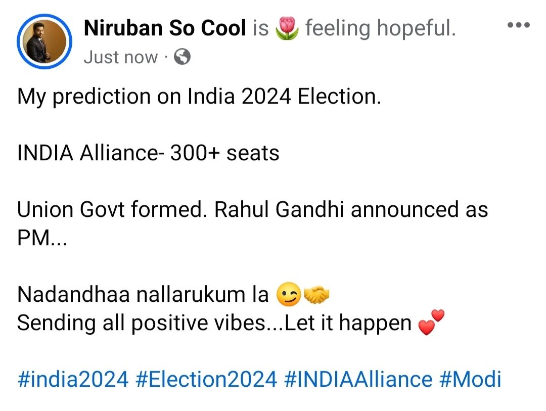 get2niruban's tweet image. My prediction 😉🤝
INDIA Alliance forming a Union Govt. 
#electionresults #INDIAalliance #modi #Rahul_Gandhi_जी