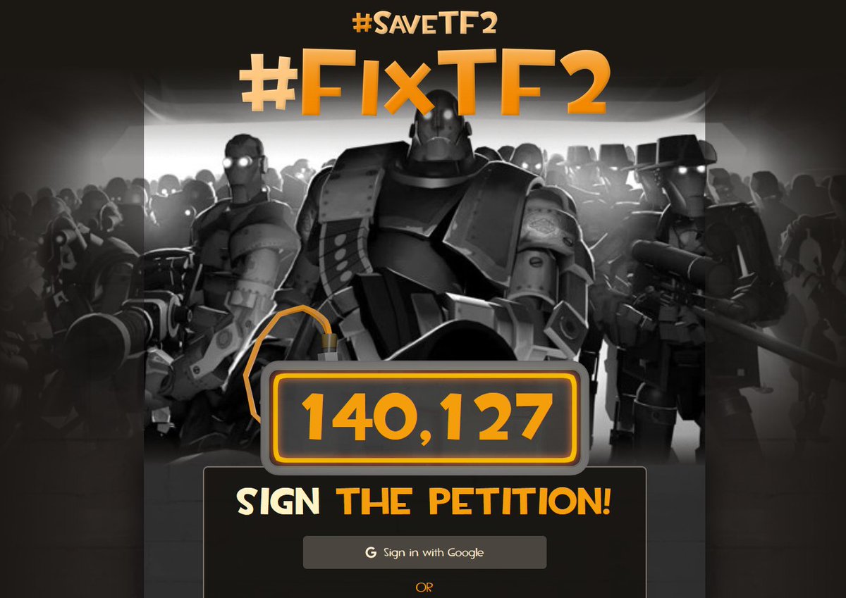 WeezyTF2's tweet image. We've officially hit 50% of what the Nostalrius petition capped at. Valve can't ignore us anymore.

These things sometimes work, never hurts to try. 

#FixTF2