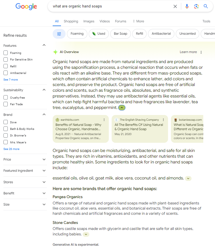 N8Louis's tweet image. AI overview recommending organic soap brands... #aioverview #google