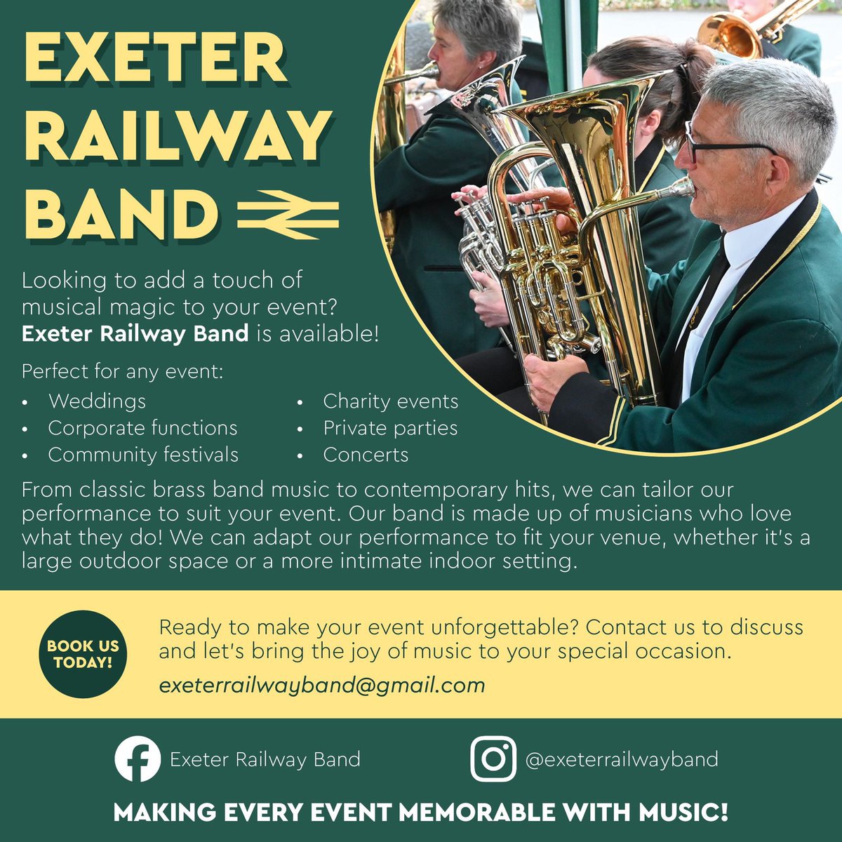 Exeter Railway Band (@railwayband) on Twitter photo How about booking your local brass band to add sparkle to your event or function?
We’re Exeter’s only brass band and play a wide range of music so can adapt our programme to suit your needs.
Email us at exeterrailwayband@gmail.com to discuss 🎶 How about booking your local brass band to add sparkle to your event or function?
We’re Exeter’s only brass band and play a wide range of music so can adapt our programme to suit your needs.
Email us at exeterrailwayband@gmail.com to discuss 🎶