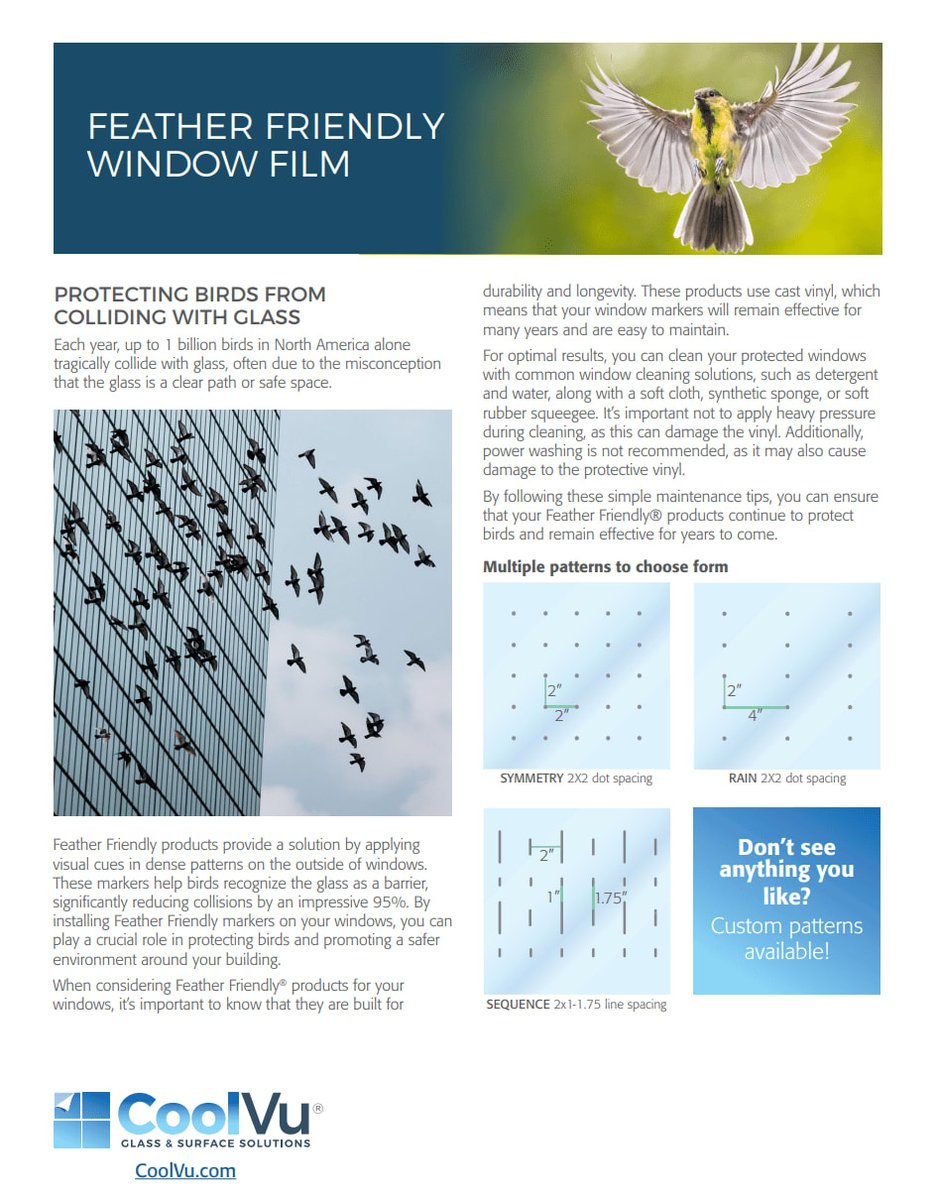 CoolvuMPLS's tweet image. 🌟 Protect Birds and Your Windows with Feather Friendly®! Feather Friendly® products are visible to birds of all species, reducing collisions and saving countless avian lives.
#BirdProtection #FeatherFriendly #WindowDecals #SaveBirds #EcoFriendly #WildlifeProtection