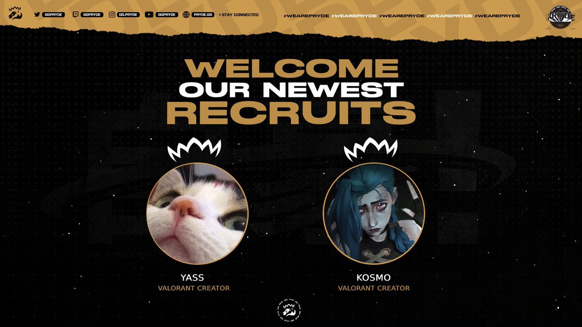 Pryde x Valorant 🤝🏼

Give a warm welcome to the newest creators kicking off our valorant stream &amp; content side ‼️

🦁 - <a href="/iiTsyass/">Yass :|</a> 
🦁 - <a href="/akaKosmo/">akaKosmo</a>