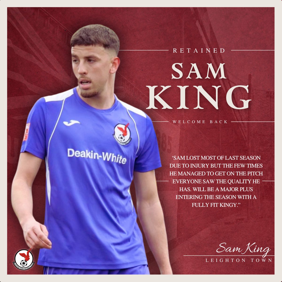 𝐖𝐄𝐋𝐂𝐎𝐌𝐄 𝐁𝐀𝐂𝐊, 𝐒𝐀𝐌 𝐊𝐈𝐍𝐆 🫡 

Leighton Town are delighted to announce that we have retained Sam King for the 24/25 campaign 👏

Welcome back <a href="/Samking_009/">Sam King</a> 🤝

#YourTownYourTeam