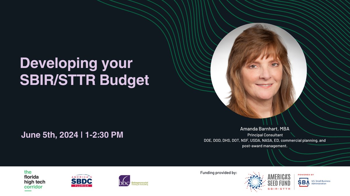 Join on June 5 from 1 to 2:30 PM on Developing your SBIR/STTR Budget to learn from Shannon Bass BBCetc, Executive Consultant and BBCetc Co-owner.

RSVP: us02web.zoom.us/webinar/regist…
