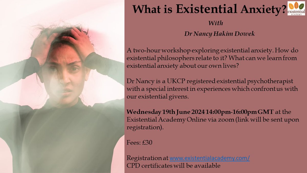 Join Dr Hakim Dowek online and explore what we can learn from existential anxiety about our own lives. Grab a ticket here > existentialacademy.com/whats-on/short…
 #Existentialism #Anxiety #MentalHealth #Philosophy #SelfAwareness #OnlineEvent
<a href="/emmyzen/">Emmy van Deurzen☀️🌍 🌻🌹🌳🐕⭐️🌙</a> <a href="/DrClaireAB/">Claire Arnold-Baker</a>