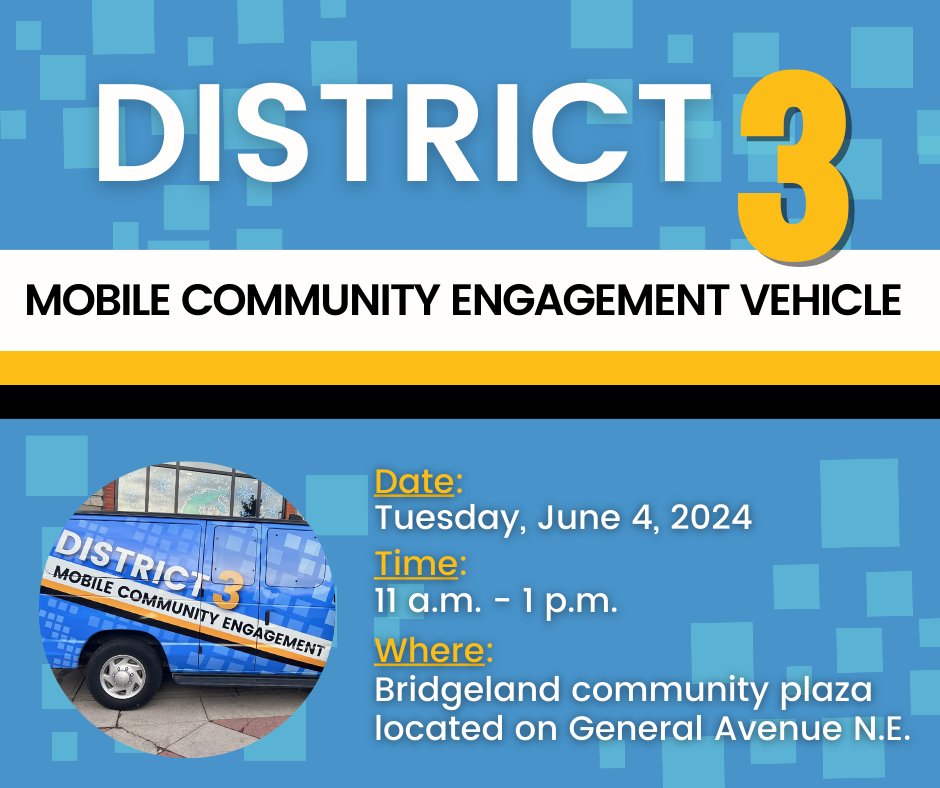 🟣 Join our District 3 Community Engagement Team in Bridgeland! Our mobile community engagement vehicle will be set up on Tuesday, June 4, 2024, from 11 a.m. to 1 p.m., at the Bridgeland community plaza located on General Avenue N.E. Come chat with our officers.