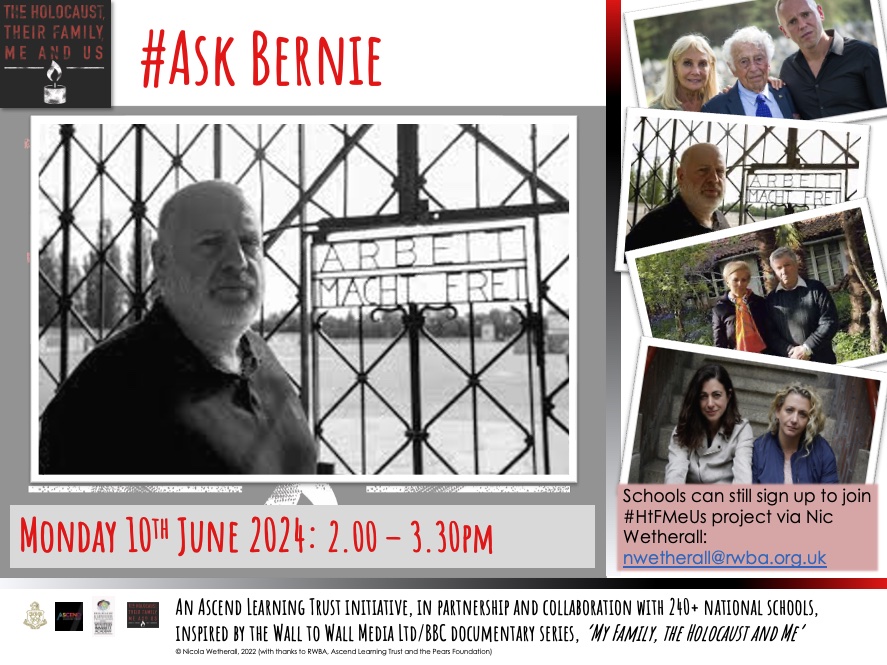 RWBAHolocaust's tweet photo. Following #Berniesjourney as part of #HtFMeUs?
π’Join us Mon 10 June for #AskBernie, 2pm.
Gain new insights & enrich your project outcomes.
Pls Submit Qs & check Zoom info via Basecamp.
RT @HistoryHSWV @All_Saintsib @WestminsterAca @LawnManorHums @FphsHistory @DunottarSchool https://t.co/pbt7qOKDJF