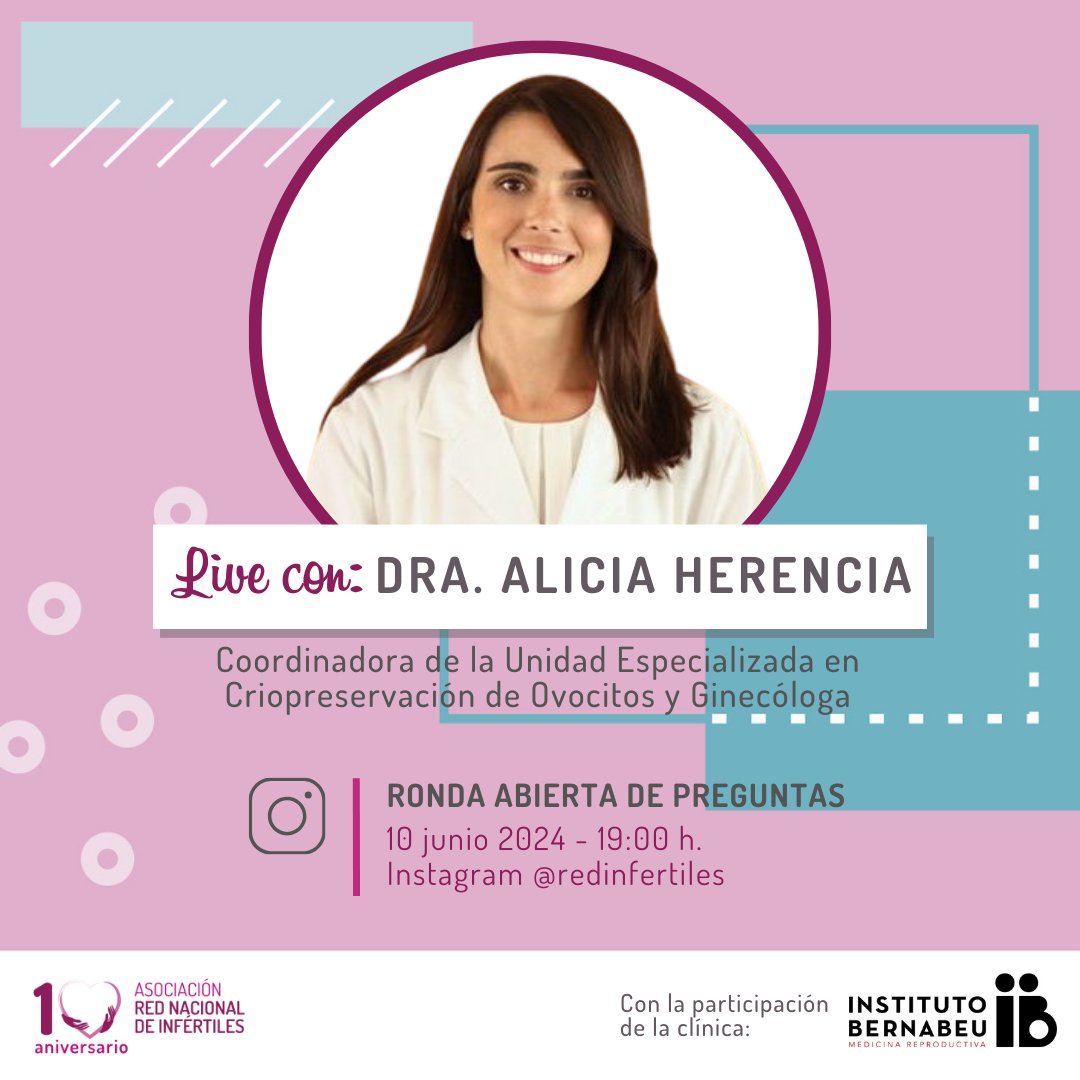 📍 EXPERTO RESPONDE LIVE

Nos vemos el lunes 10 para hablar sobre infertilidad y reprod. asistida y contestar dudas

👩‍⚕️Contaremos con la Dra. Alicia Herencia, Coordinadora Unidad de Criopreservación de Ovocitos y Ginecóloga de <a href="/InstBernabeu/">Instituto Bernabeu</a>

⏰ 1/06 - 19h👉instagram.com/redinfertiles/