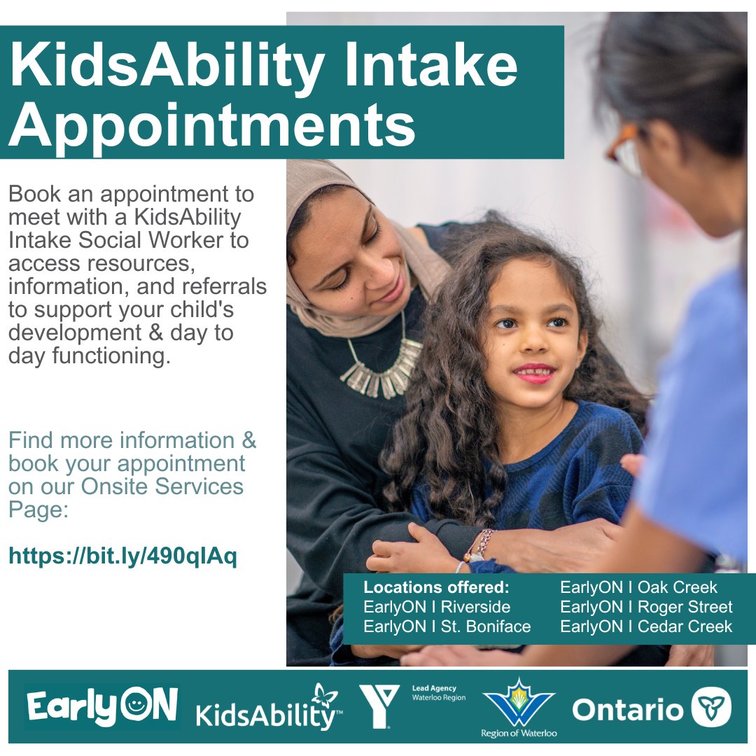 EarlyONWR's tweet photo. To ensure your child is connected with the right services to support their development, we offer intake appointments provided by Intake Social Workers from @KidsAbility On-Site at our #EarlyON locations. Learn more and book your appointment: https://t.co/DPH5qJm8Gg https://t.co/tCrU4uiICu