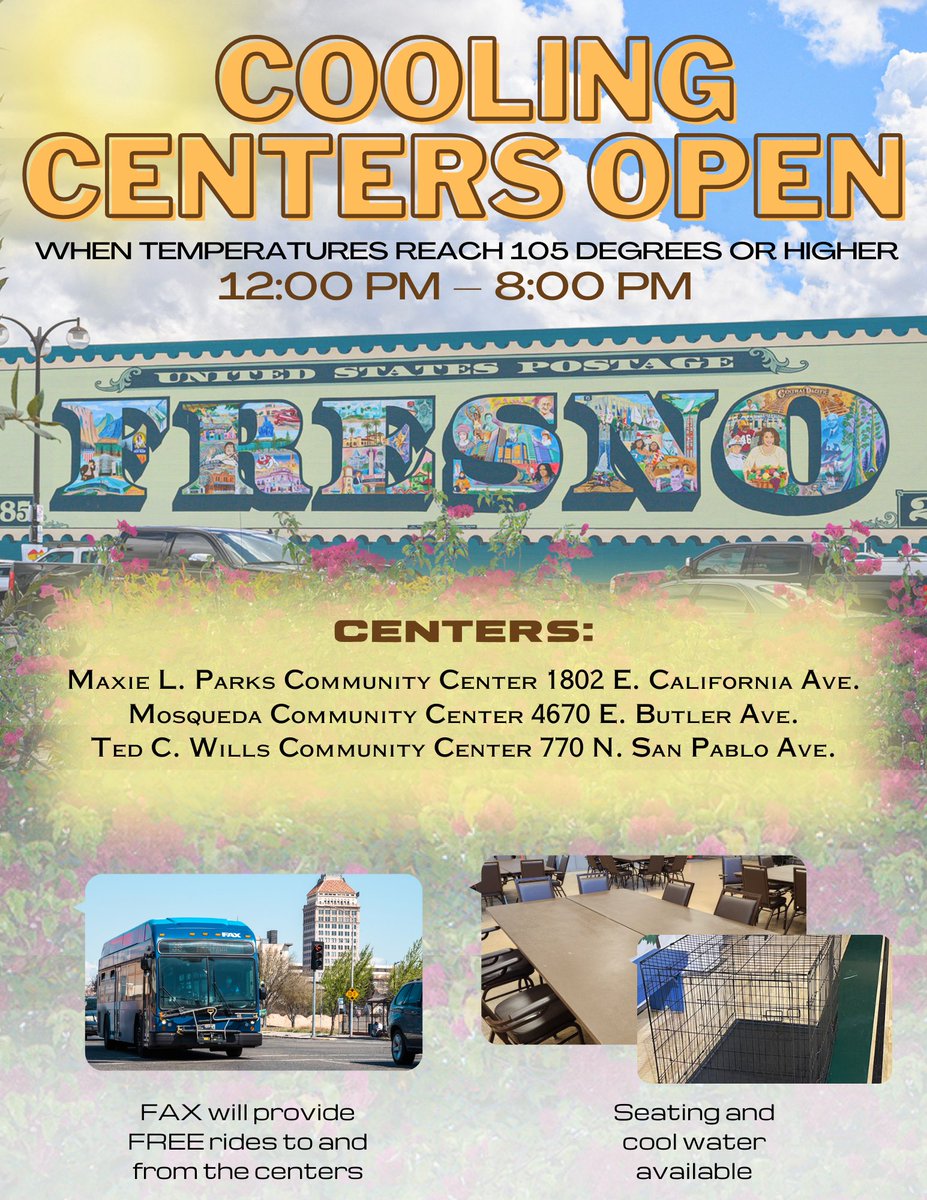 The National Weather Service in Hanford has projected the weather temperature to rise to 105 degrees or above in Fresno on June 5, 2024, and June 6, 2024.

The Cooling Centers will be open at 12:00 PM and close at 8:00 PM.