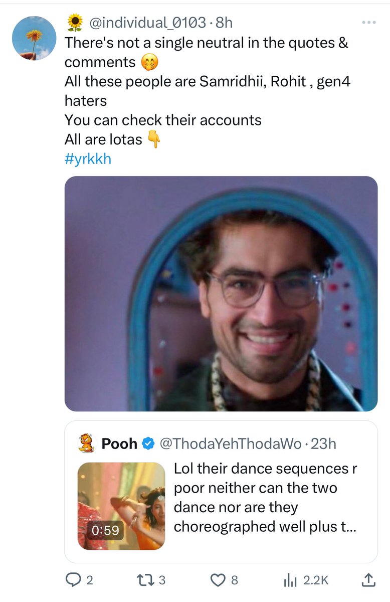 floating_point_'s tweet photo. Gyaan dene sab aate hain but when they were trolling #HashadChopda y’day on a thread whr ppl were commenting abt FL dancing tab nahi yaad aaya?
Why not comparing with FLs?
U are reason for getting ur Fav trolled, ur obsession with dragging #AbhimanyuBirla when he isn’t even being discussed.