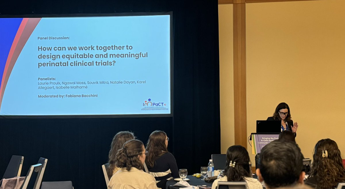 DrMCampbellYeo's tweet photo. Up next @FabianaBacchini @canadianpreemie moderating an informative panel examining optimal ways to ensure perinatal and child health clinical trials are equitable and meaningful #familyengagement @IMPaCTrials #PCHRM2024 https://t.co/qMQK4a6Rpz