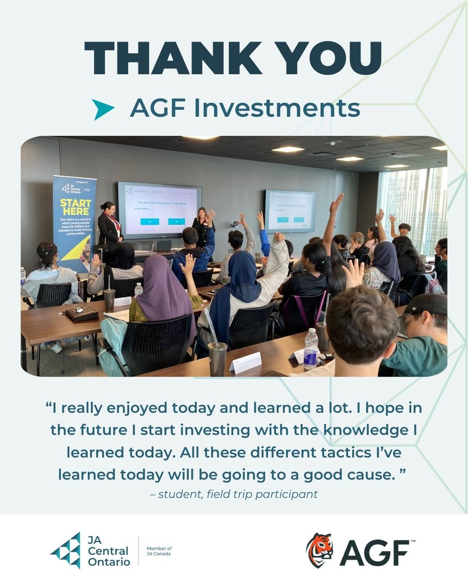 Last week, 40+ grade 7 students joined us for “Investing in Your Future” Dollars with Sense program with AGF Investments. They explored currencies, budgeting, investment, and got an office tour. Big thanks to AGF mentors for sharing their expertise and inspiring the students!
