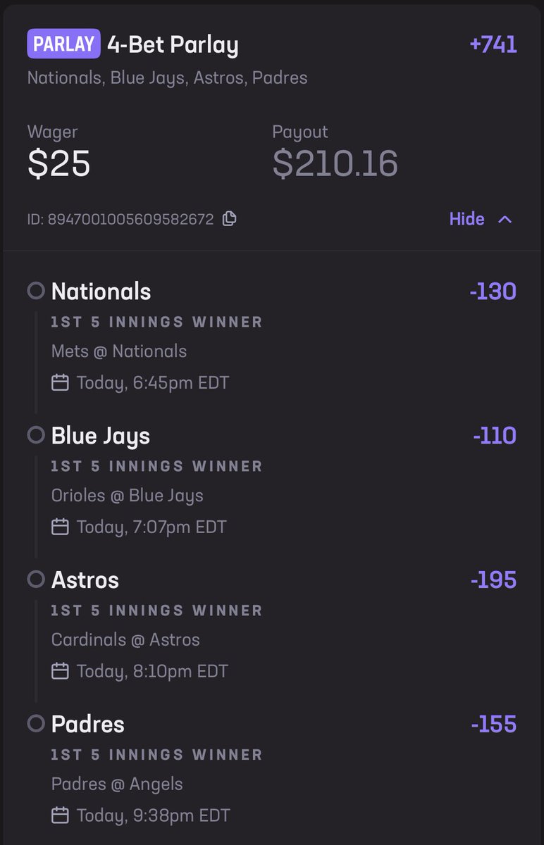 🎰MLB First 5 Lotto🎰

❤️ $25 to 1 who likes WHEN this hits ❤️

Washington Nationals F5 ML
Toronto Blue Jays F5 ML
Houston Astros F5 ML
San Diego Padres F5 ML
(+741 HR | .25 units)

If you’ve read my write ups today, I love the Nationals, Blue Jays, and Astros in their matchups.