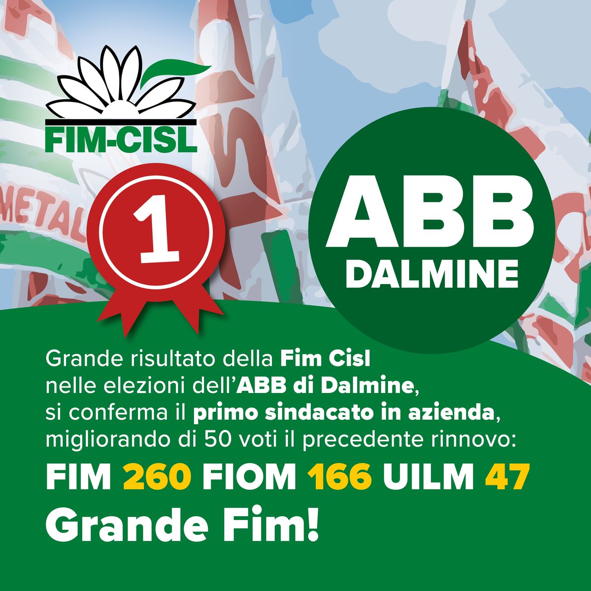 Grande risultato della #FIM CISL nell’elezioni RSU dell’ABB di Dalmine. 
FIM il primo sindacato in azienda, migliorando di 50 voti il precedente rinnovo: FIM 260 FIOM 166 UILM 47. Grande FIM ❤️🍀 !!!!💪🏾