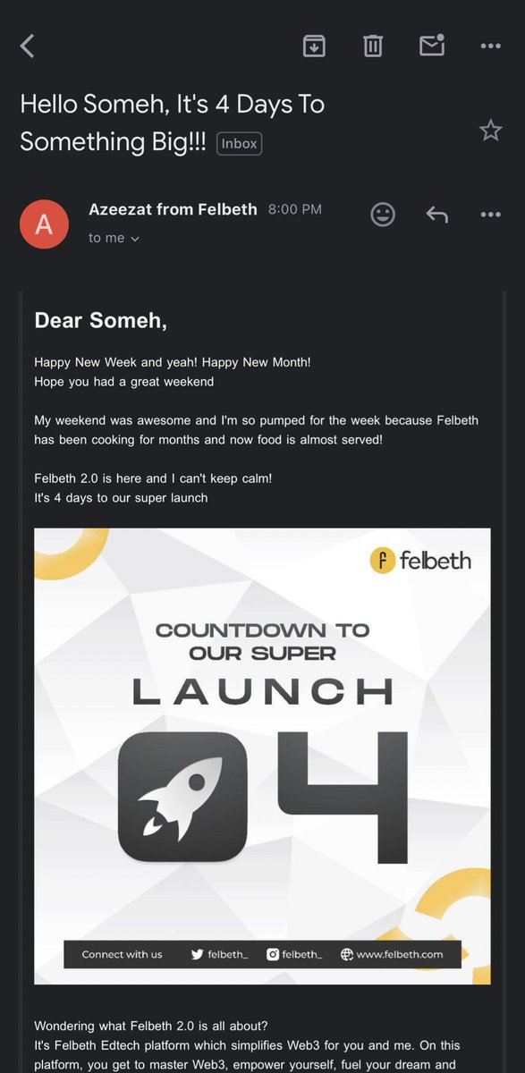 I got an email from @Felbeth_ 🔥🔥🔥

Are y’all ready for our launch on Friday 💃🏻💃🏻💃🏻

#Felbethislaunchingin4days
#FutureofLearning
#Web3education