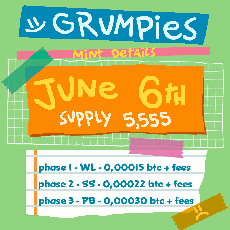 🚨MINT ANNOUNCEMENT🚨

the grumpies council has spoken... our plan (mint date) will take place on June 6th at <a href="/ordzaar/">Ordzaar</a> ... and will have 3 phases... 🗺️

Phase 1: Grumpies Partners (WL) - 17pm CET -  max 2 per wallet -  0,00015 btc + fees.

Phase 2: Grumpies Secret List (Snapshot)