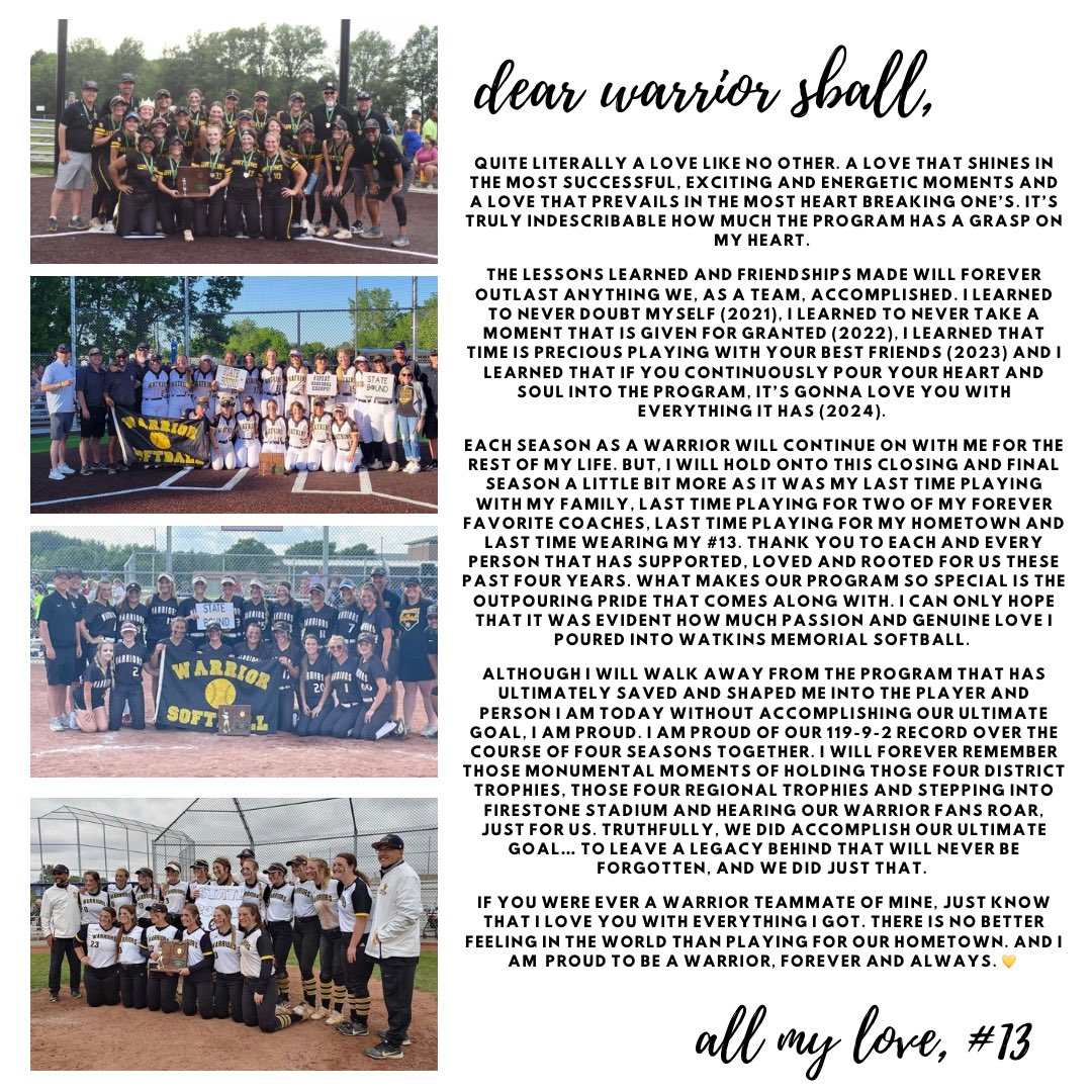 JordynWycuff's tweet photo. Special place, special people and the most special four years. @SoftballWatkins will forever have my heart. Thankful for my four years in black and gold! 💛🖤 https://t.co/gKSmbYCPNe
