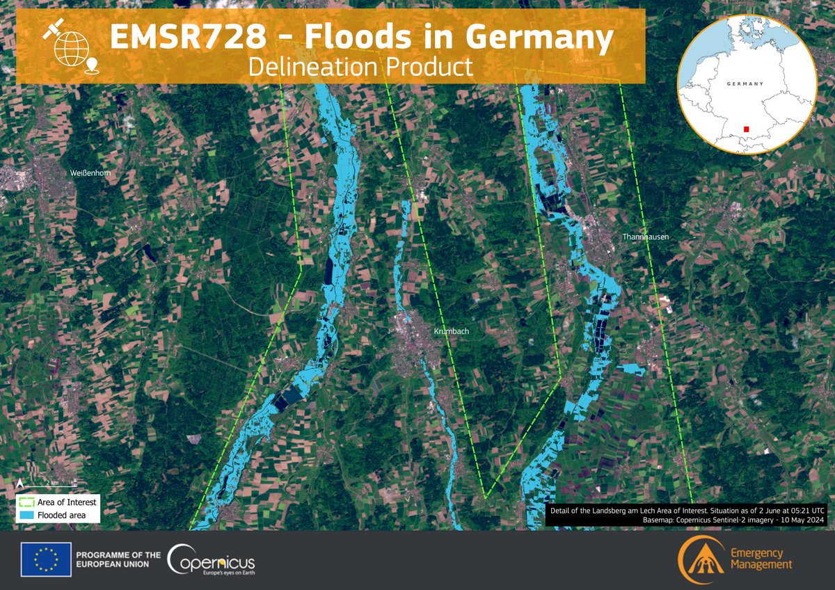 #EMSR728 #Floods in #Germany🇩🇪

Over the last couple of days, our #MappingTeam has delivered 6 Delineation Products over 5 Areas of Interest

As of 2 June
➡️A total of 5,900 ha of flooded area has been detected🌊

More details at👇
rapidmapping.emergency.copernicus.eu/EMSR728