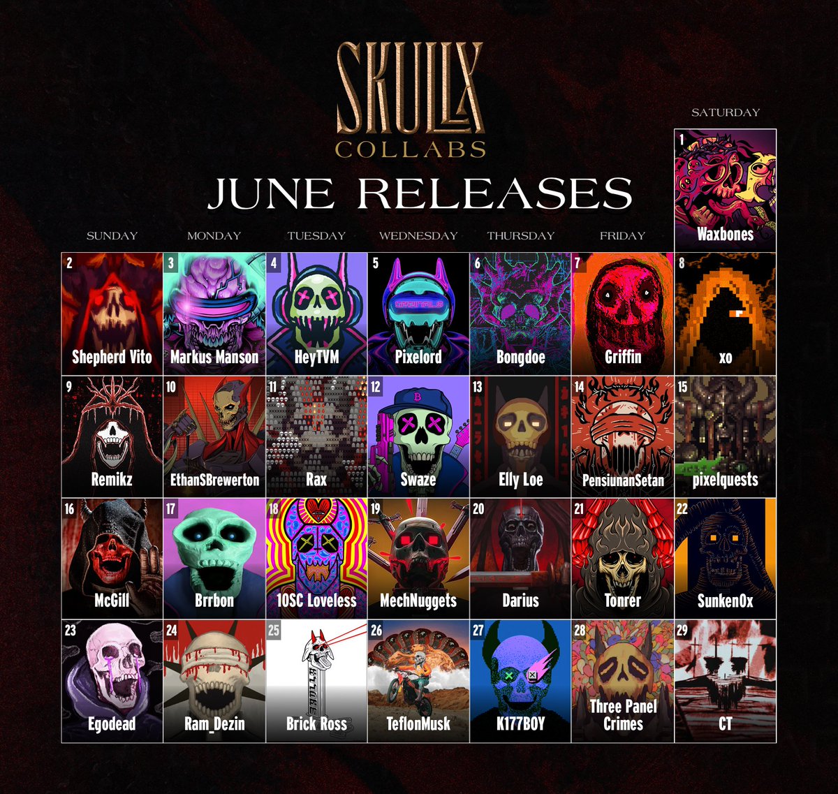 June reinscription collab calendar released! 

Don't forget that each of these pieces is attached to a Cyber or Hell Raider forever. 

They also = 1 free claim to something we have coming next ♾👀