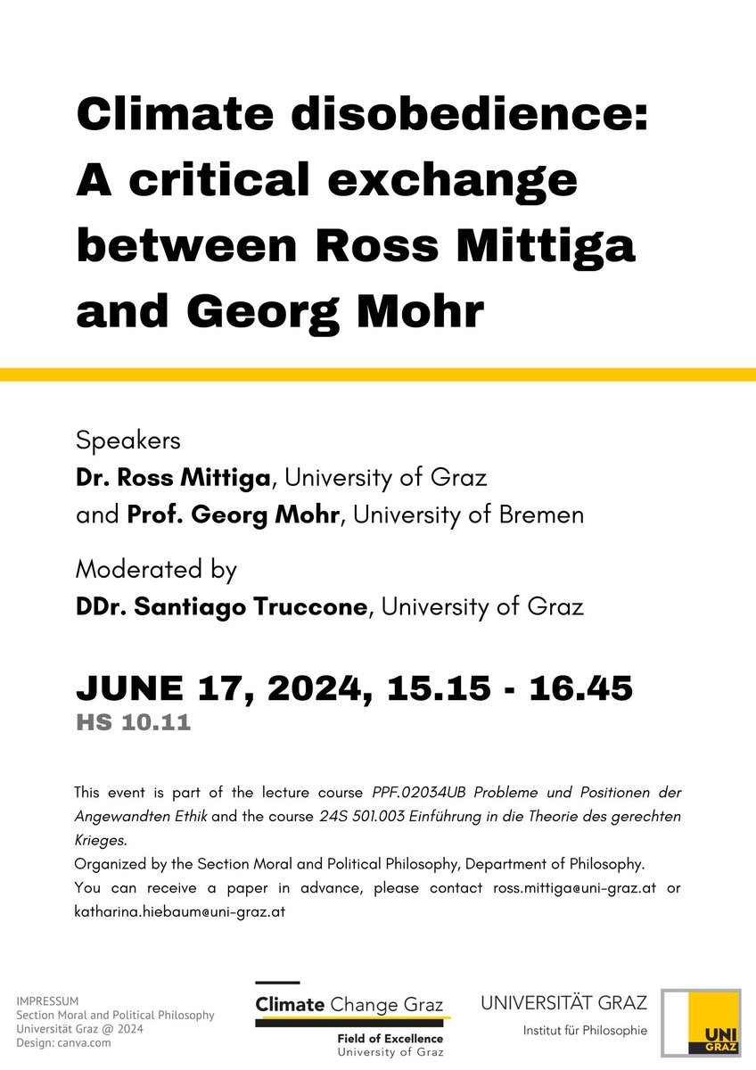 GrazPractical's tweet photo. Another exciting event in June: Ross Mittiga and Georg Mohr will be talking about climate disobedience. The event will take place at the University of Graz. Everyone is welcome! https://t.co/lJC9pPC4oe