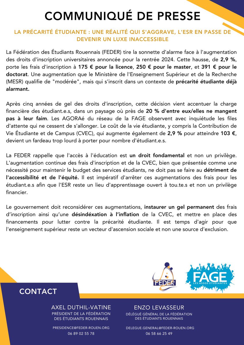 🚨 La FEDER sonne l’alarme sur la hausse des frais de scolarité et la CVEC pour 2024 : +2,9 % 
La précarité étudiante ne cessera donc jamais de s’aggraver. L’éducation est un droit, pas un privilège. Gel des frais et action contre la précarité étudiante nécessaires.